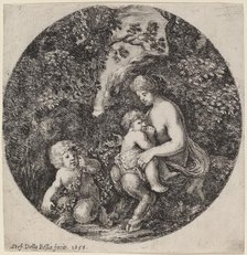 Female Satyr Nursing a Child in a Wooded Landscape, 1656. Creator: Stefano della Bella.