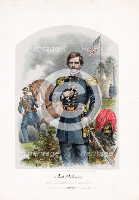 Nathaniel P. Banks, Major General of U.S. Army, pub. 1861 (colour lithograph) Creator: American School (19th Century).