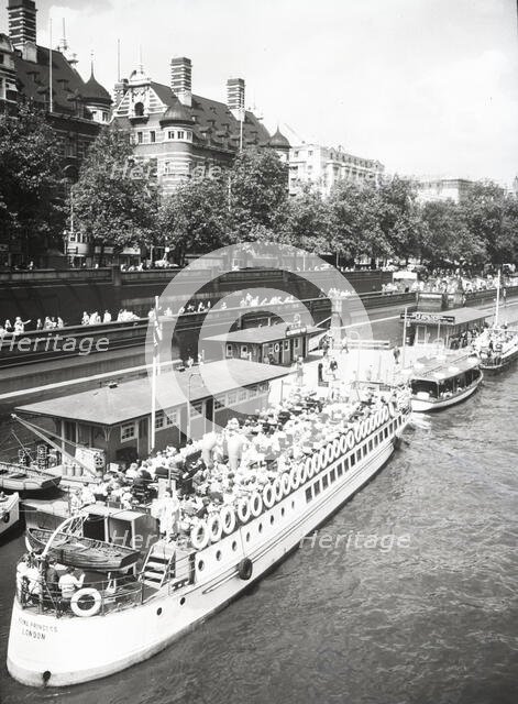 Pleasure boats, Westminster Pier, Embankment, London, c1955.  Creator: Arthur Charles Kirby Ware.