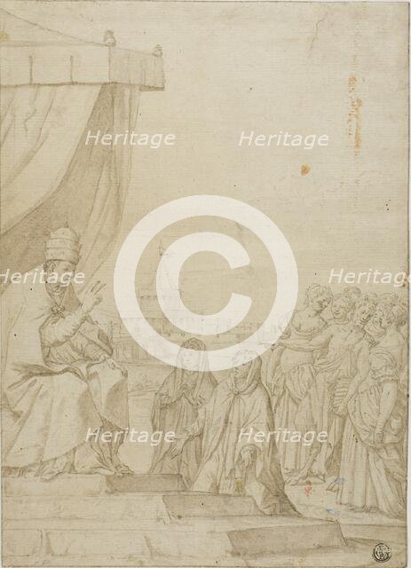 Pope Blessing Two Women in the Presence of Satyr and Assembled Women with Castel Sant Angelo..., n.d Creator: Unknown.