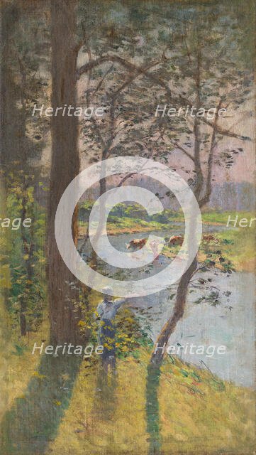 Landscape with cattle drinking at a river, c1900. Creator: Ferdinand Katona.