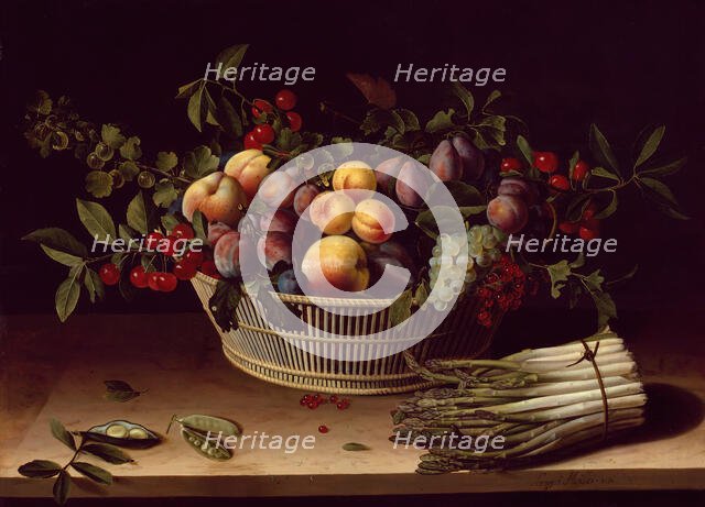 Still Life with a Basket of Fruit and a Bunch of Asparagus, 1630. Creator: Louise Moillon.