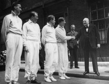 Sir Winston Churchill (1874-1965) shaking hands with Roger Bannister (b1929), c1950s. Artist: Unknown