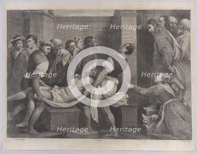 The raising of Lazarus, who is carried by three men at left, while his sister and C..., ca. 1656-60. Creators: Jan van Troyen, David Teniers II.