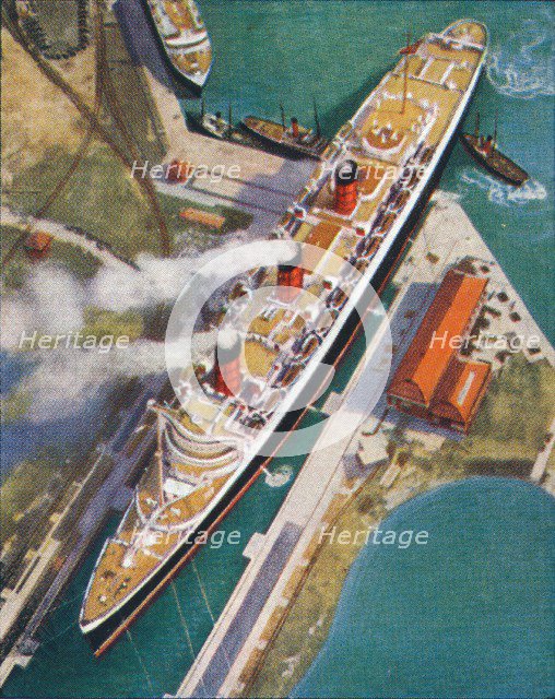 The 'Queen Mary' at Southampton, 1938. Artist: Unknown.