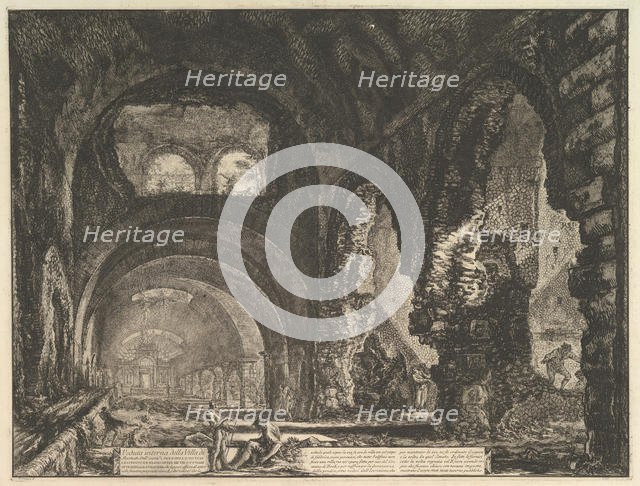 The so-called Villa of Maecenas at Tivoli. Interior with two figures in the opening of..., ca. 1764. Creator: Giovanni Battista Piranesi.
