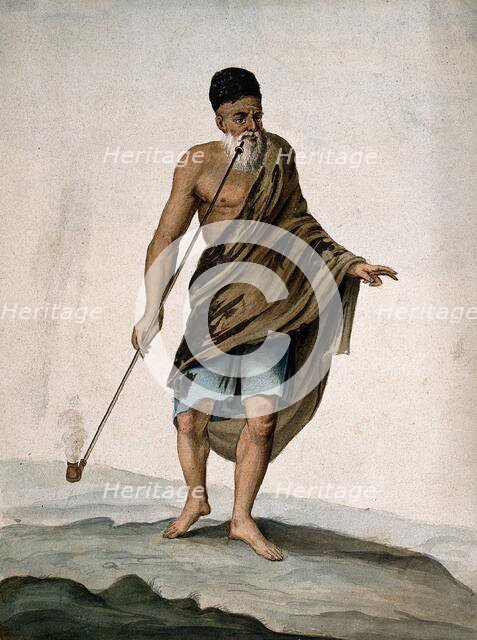 An old man in cloak and turban smoking a long pipe (chibouk), 1800-1899. Creator: Unknown.