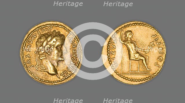 Aureus (Coin) Portraying Emperor Tiberius, 15-37 CE, issued by Tiberius.  Creator: Unknown.