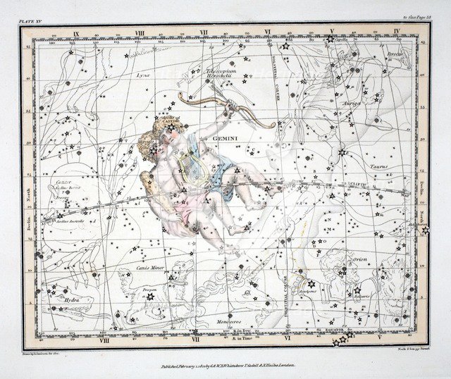 The Constellations (Plate XV) Gemini, from A Celestial Atlas by Alexander Jamieson, 1822.