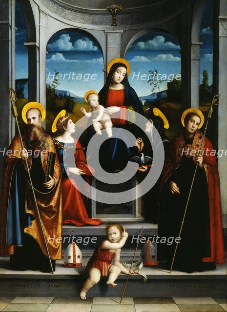 Virgin and Child with Saints Benedict, Justina, Placidus and Scholastica, ca 1515. Artist: Francia, Francesco (1450-1517)