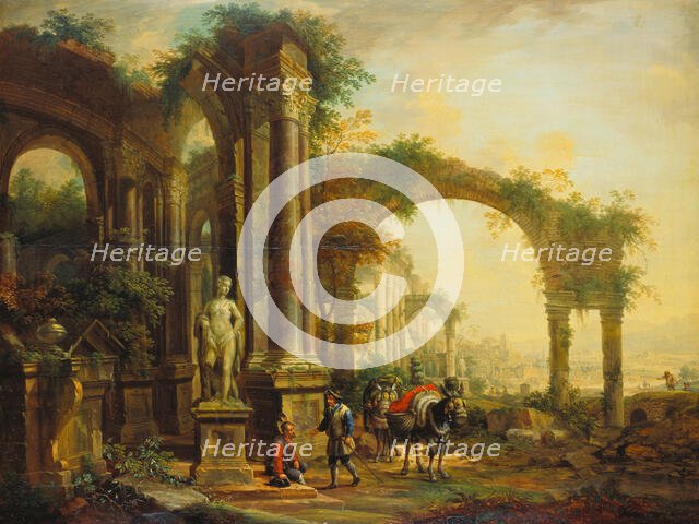 Landscape with Ancient Ruins and Two Pack Mules, 1756. Creator: Christian Georg Schutz.