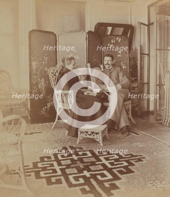 Sarah E Smith, dressed in mourning for her husband, and her brother Frederick S Pray..., 1899. Creator: Maud Morphew.