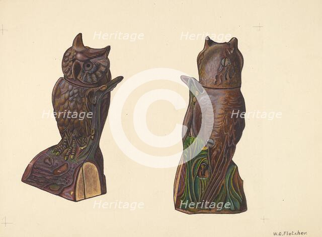 Owl on Log Bank, c. 1937. Creator: William O. Fletcher.