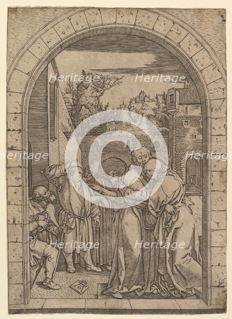 Joachim embracing Saint Anne under the golden gate in Jerusalem, after Dürer, ca. 1500-1534. Creator: Marcantonio Raimondi.