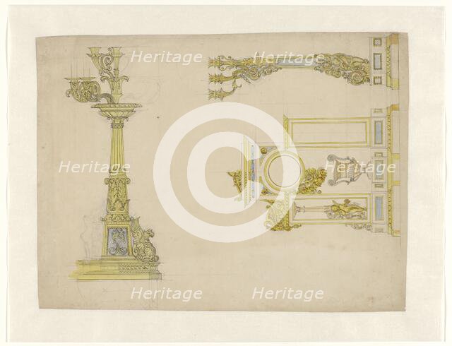 Design for a mantel clock and two candelabra, c.1825-c.1835. Creator: Adrien Louis Marie Cavelier.