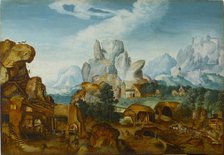 Rocky Landscape with a Forge (The Flight into Egypt) , before 1550. Creator: Herri met de Bles, Henri de (1510-1550).