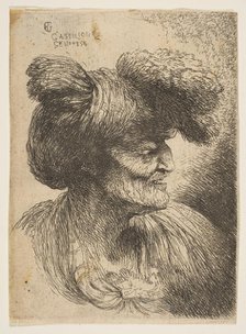 Bust of beardless old man in profile facing right, from the series of 'Small Heads ..., ca. 1645-50. Creator: Giovanni Benedetto Castiglione.