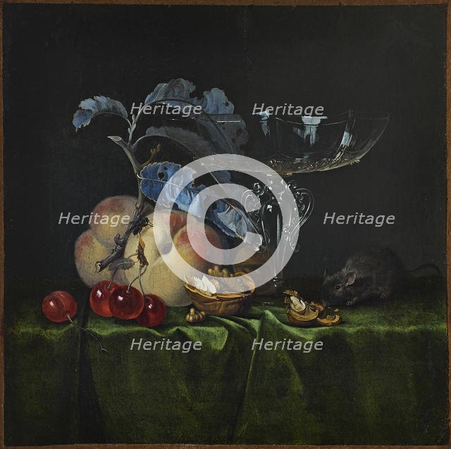 Still life with peaches, walnuts, mouse and Venetian wine glass, 1661. Creator: Fromantiou, Henri de (c. 1633/34-after 1693).