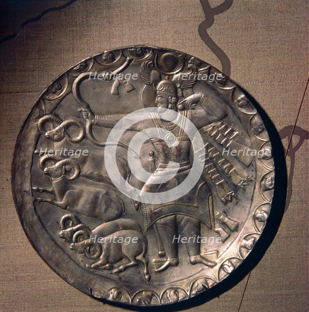 Sassanian Silver-Gilt Dish of King Peroz I, (459-484) Hunting Mouflon, c5th century.  Artist: Unknown.