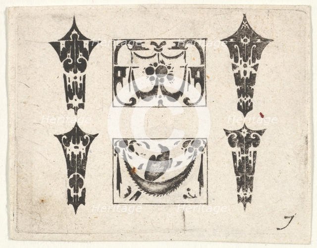 Blackwork Print with Two Horizontal Panels and Four Bezels, ca. 1620. Creator: Claes Jansz Visscher.
