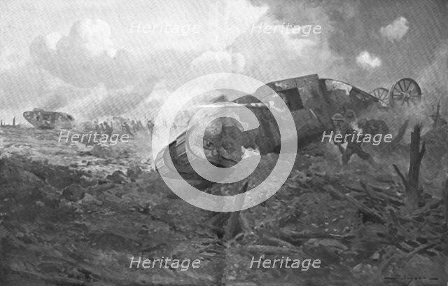 'L'Apparition des Tanks; L'entrée en ligne des premiers chars d'assaut Anglais, le 15 septembre 1916 Creator: J Simont.