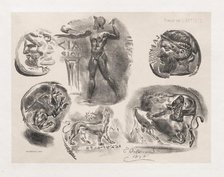 Sheet of Six Antique Coins , 1825. Creator: Eugène Delacroix (French, 1798-1863); Published by the artist (September 15, 1865 issue).