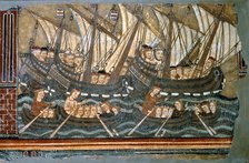 St. Ursula and the Virgins in his journey to Rome in sailing and rowing boats, fragment of a tabl…