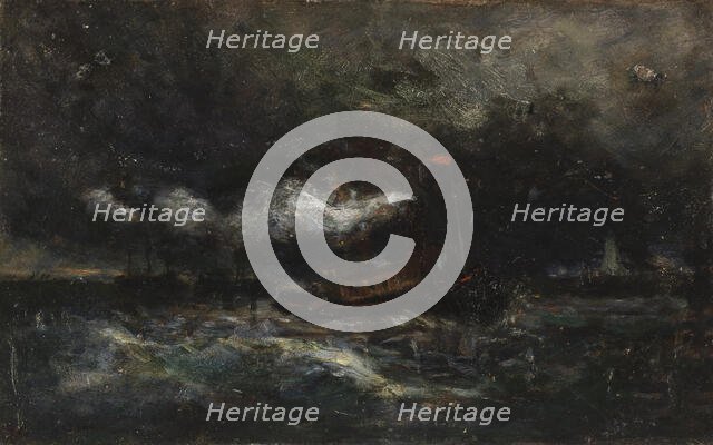 Squall, Brenton Light (boat in storm, lighthouse in background), n.d. Creator: Edward Mitchell Bannister.