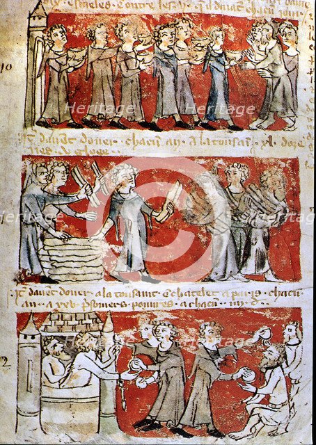 Scene of daily life at the College Hubaut of Paris (Sorbonne), 14th century miniature.