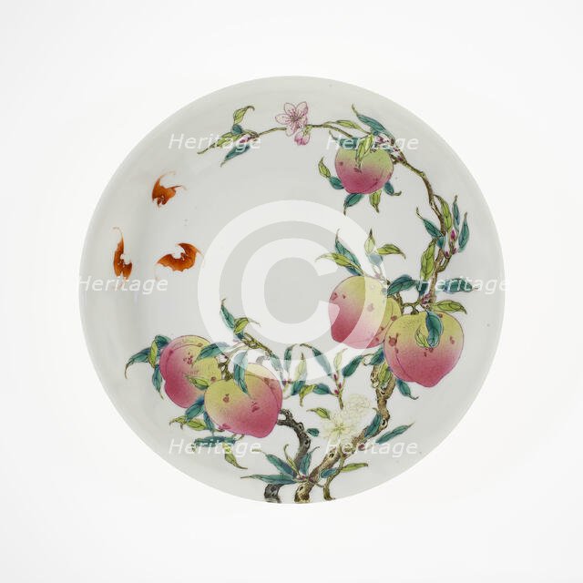 Dish with Fruiting Peaches, Tree Peony, Flowering Plum, and Bats, Qing dynasty, probably 19th cent. Creator: Unknown.