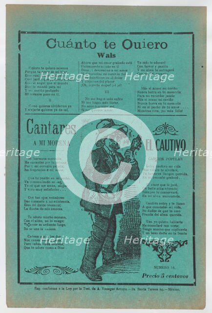 Broadsheet with three love songs; a man singing and playing the guitar..., ca.1900-1920 (published). Creator: José Guadalupe Posada.
