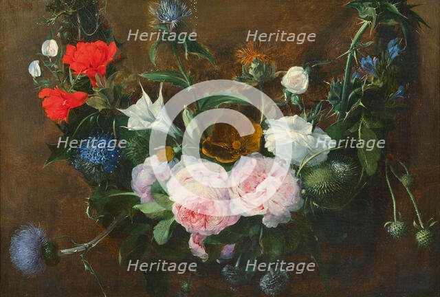 Flower garland with roses and thistles, 17th century. Creator: Hecke, Jan van den (1620-1684).