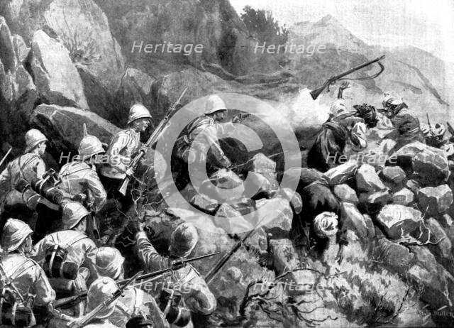 The Indian Frontier Rising: the King's Own Scottish Borderers storming a sangar..., 1898. Creator: William Barnes Wollen.