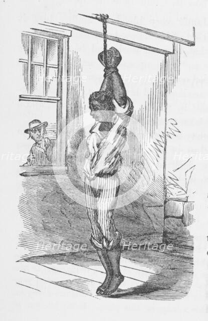 Suspended by the hands with block and tackle, 1872. Creator: Unknown.