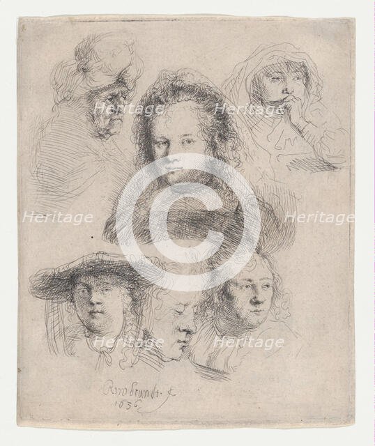 Studies of the Heads of Saskia and Others, 1636., 1636. Creator: Rembrandt Harmensz van Rijn.