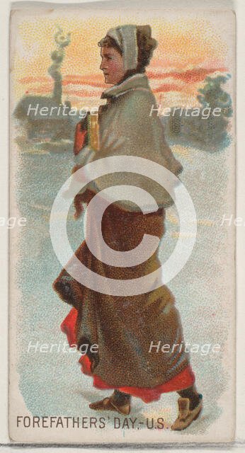 Forefathers' Day, United States, from the Holidays series (N80) for Duke brand cigarettes,..., 1890. Creator: George S. Harris & Sons.
