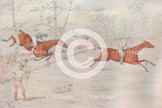 A Steeplechase:  Covering a strong bullock fence. Down for a hundred!, 1927. Artist: Henry Thomas Alken