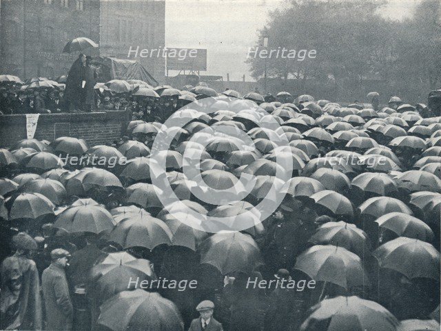Meeting of London business men on Tower Hill, held after sinking of the Lusitania, c.1915. Artist: Unknown