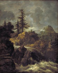 Landscape with a Waterfall and a Hut, 1643-1682. Creator: Jacob van Ruisdael.