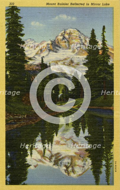 Mount Rainier reflected in Mirror Lake, Washington, USA, 1935. Artist: Unknown