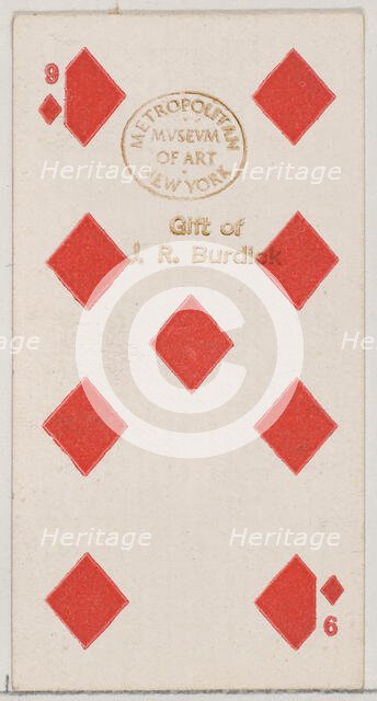 Nine Diamonds (red), from the Playing Cards series (N84) for Duke brand cigarettes, 1888., 1888. Creator: Unknown.