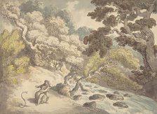 Landscape with rushing stream and a couple on the bank, frightened by a snake, 1775-1827. Creator: Thomas Rowlandson.