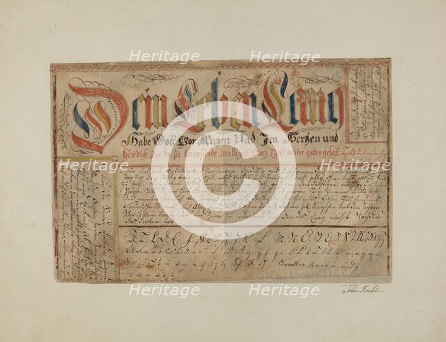 Fractur (Illuminated Writing), c. 1937. Creator:  John Koehl.