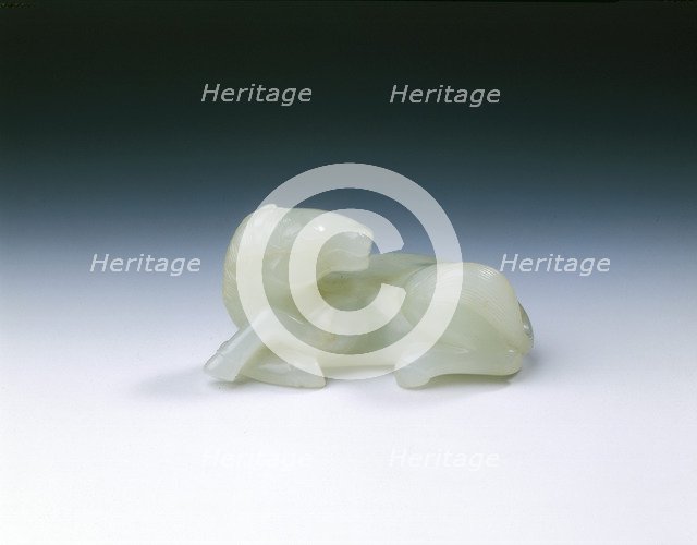 White jade recumbent horse with tail up, Qing dynasty, China, 18th century. Artist: Unknown