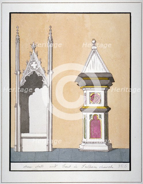 Stone stall and font in All Saints Church, Fulham, London, c1800. Artist: Anon