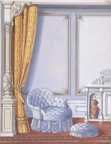 Interior Design for a Gray Curtained Alcove, with an Uphostered Armchair..., late 19th cent (?). Creator: Anon.