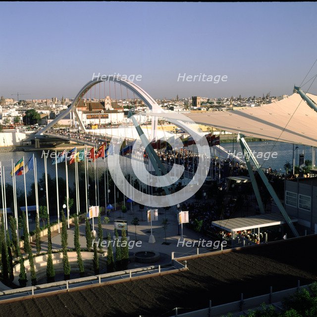 View of the entrance by the Barqueta bridge in the Universal Exhibition of Seville in 1992.