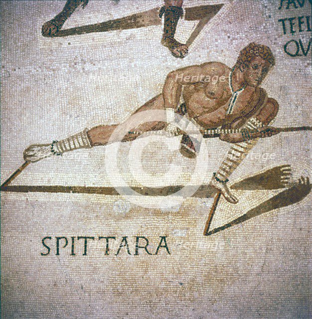 Roman Mosaic of Performer killing leopards in 'Spectacle', Tunisia, 3rd century.  Artist: Unknown.