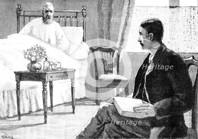 But, on looking up, his eyes fell upon the sick man, now...staring at him with stern suspicion, 1883 Creator: R. Taylor.