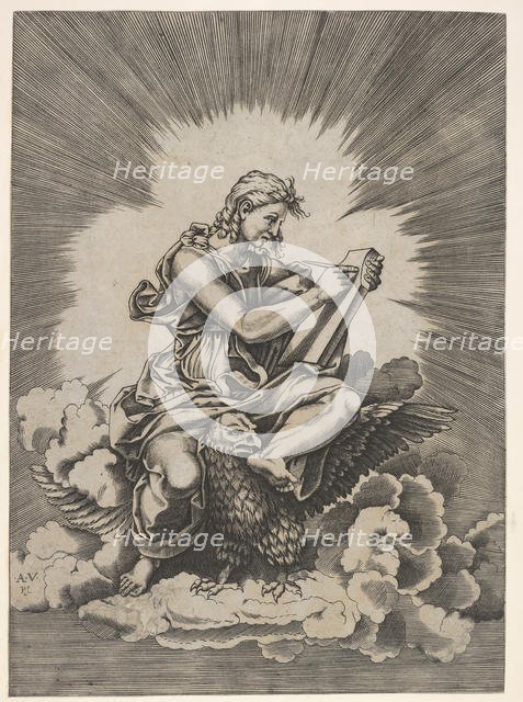 St. John, seated and holding a writing instrument to a tablet, an eagle with outstre..., after 1518. Creator: Unknown.